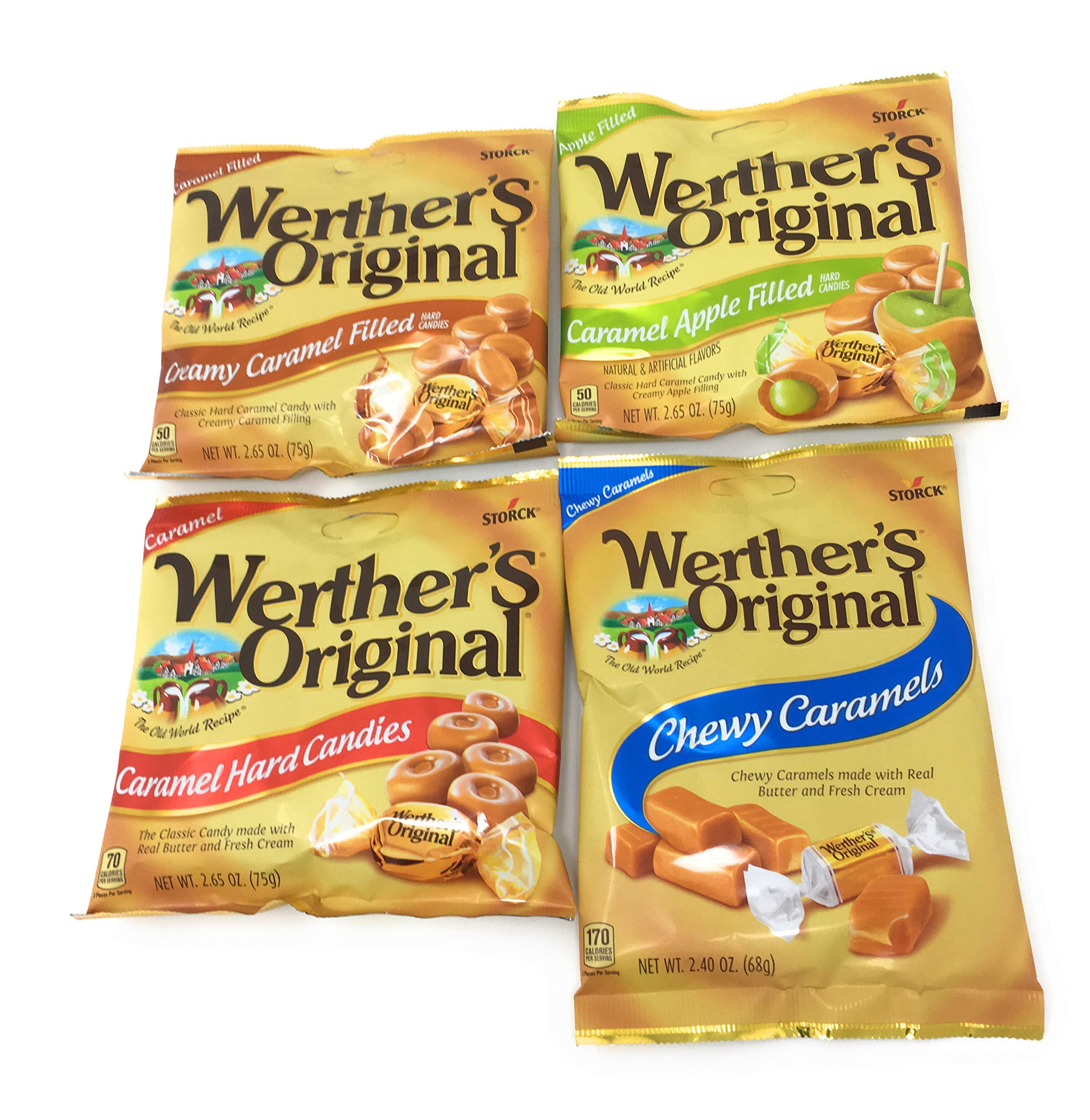 Werther's Original 4-in-1 Caramel Variety Pack! Enjoy Hard Candies, Chewy Caramels, Creamy Filled, and Caramel Apple. Rich, buttery flavor, perfect for sharing!